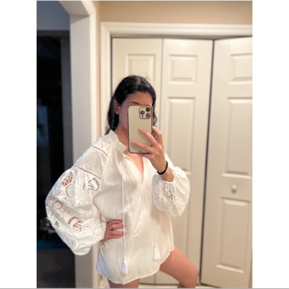 NWT Kasia White Linen Crochet Long Sleeve Tunic Cover Up Blouse XS - Picture 2 of 5